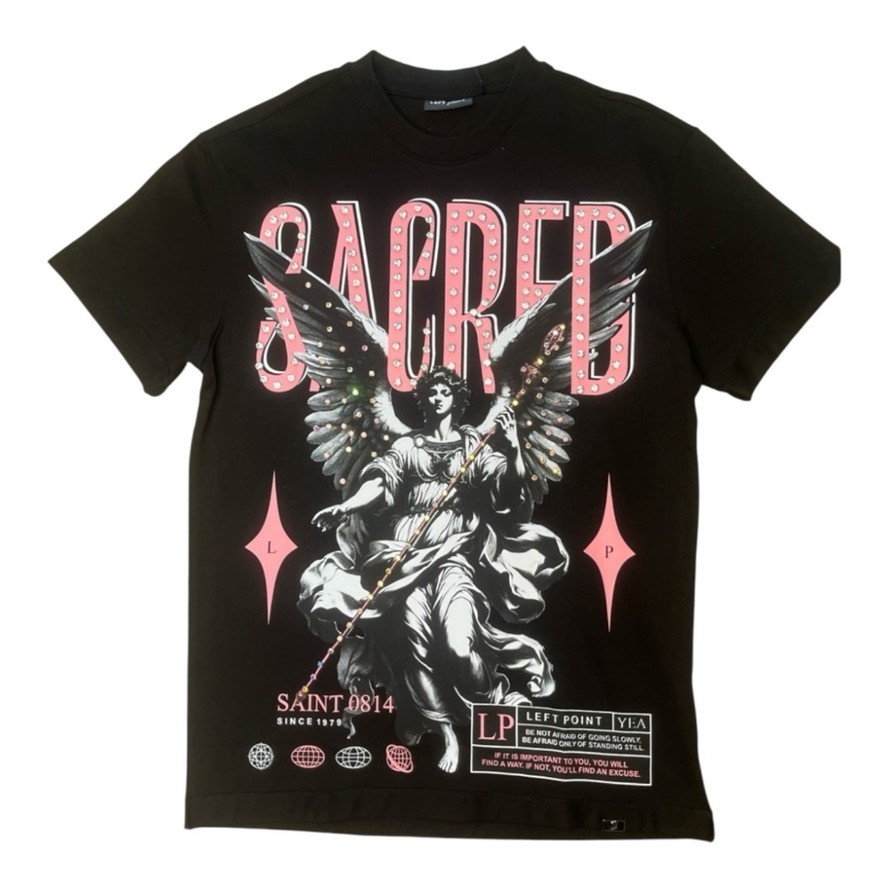 Sz various Sacred Graphic embroidery diamond Black T-Shirt